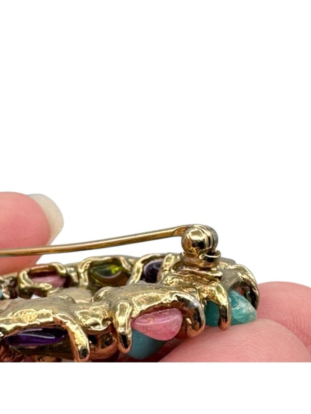 Vintage Multicolor Gemstone Chip Cluster Brooch 70s BOHO Gold Tone Cast Setting - Picture 15 of 16